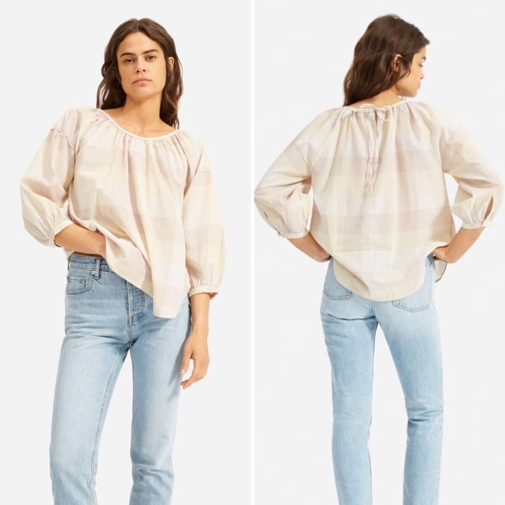 Everlane Plaid Peasant Blouse in Cream and Taupe